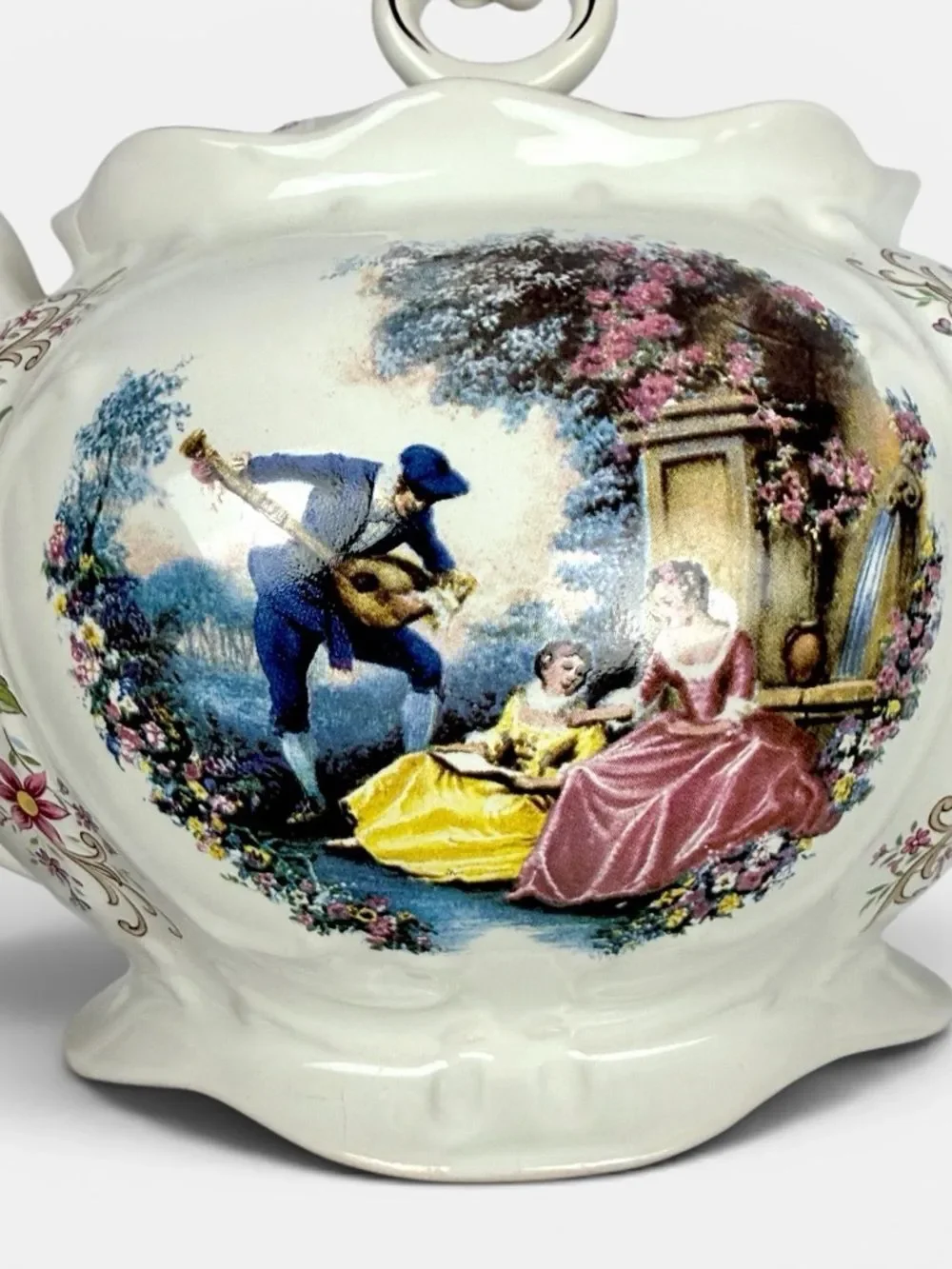 Caledonia Staffordshire England Teapot Floral Courting Scene Gold Trim 6 Cups